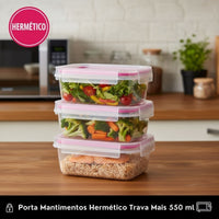Kit Pote Plástico Hermético Trava Mais 3 peças 550ml Rosa