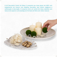Kit Centro de Mesa Redondo 30cm + Folha Curva 24,5cm Zein Branco Dourado