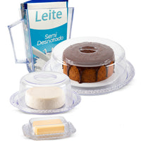 Kit Porta Bolo Trança 26cm com Porta queijo, Porta Leite e Manteigueira Acrílico 4 Peças