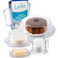Kit Porta Bolo Trança 26cm com Porta queijo, Porta Leite, Manteigueira e Açucareiro Acrílico 5 Peças