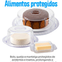 Kit Porta Bolo Trança 26cm com Porta queijo, Porta Leite e Manteigueira Acrílico 4 Peças