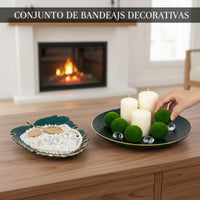 Kit Centro de Mesa Redondo 30cm + Folha Curva 24,5cm Zein Verde Dourado