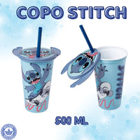 Copo Stitch Infantil com Tampa e Canudo Plasutil – 500 ml