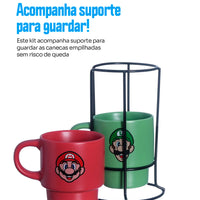 Conjunto com 2 Canecas Empilháveis Super Mario com Suporte – 150 ml