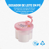 Kit Dosador de Leite em Pó 3 Compartimentos 300ml com Porta Chupeta com Alça e Porta Papinha Duplo com Encaixe 70ml Rosa