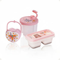 Kit Dosador de Leite em Pó 3 Compartimentos 300ml com Porta Chupeta com Alça e Porta Papinha Duplo com Encaixe 70ml Rosa