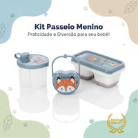 Kit Dosador de Leite em Pó 3 Compartimentos 300ml com Porta Chupeta com Alça e Porta Papinha Duplo com Encaixe 70ml Azul