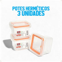 Kit Pote Plástico Hermético Trava Mais 3 Peças 380ml Laranja