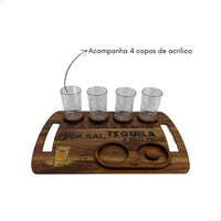 Kit Tábua de Shot em Madeira para Tequila com 4 Copos, Sal e Limão