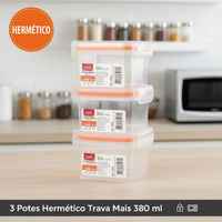 Kit Pote Plástico Hermético Trava Mais 3 Peças 380ml Laranja