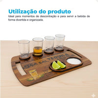 Tábua de Shot para Tequila em MDF com 4 Copos, Sal e Limão