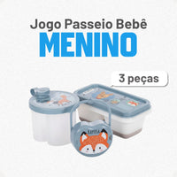 Kit Dosador de Leite em Pó 3 Compartimentos 300ml com Porta Chupeta com Alça e Porta Papinha Duplo com Encaixe 70ml Azul