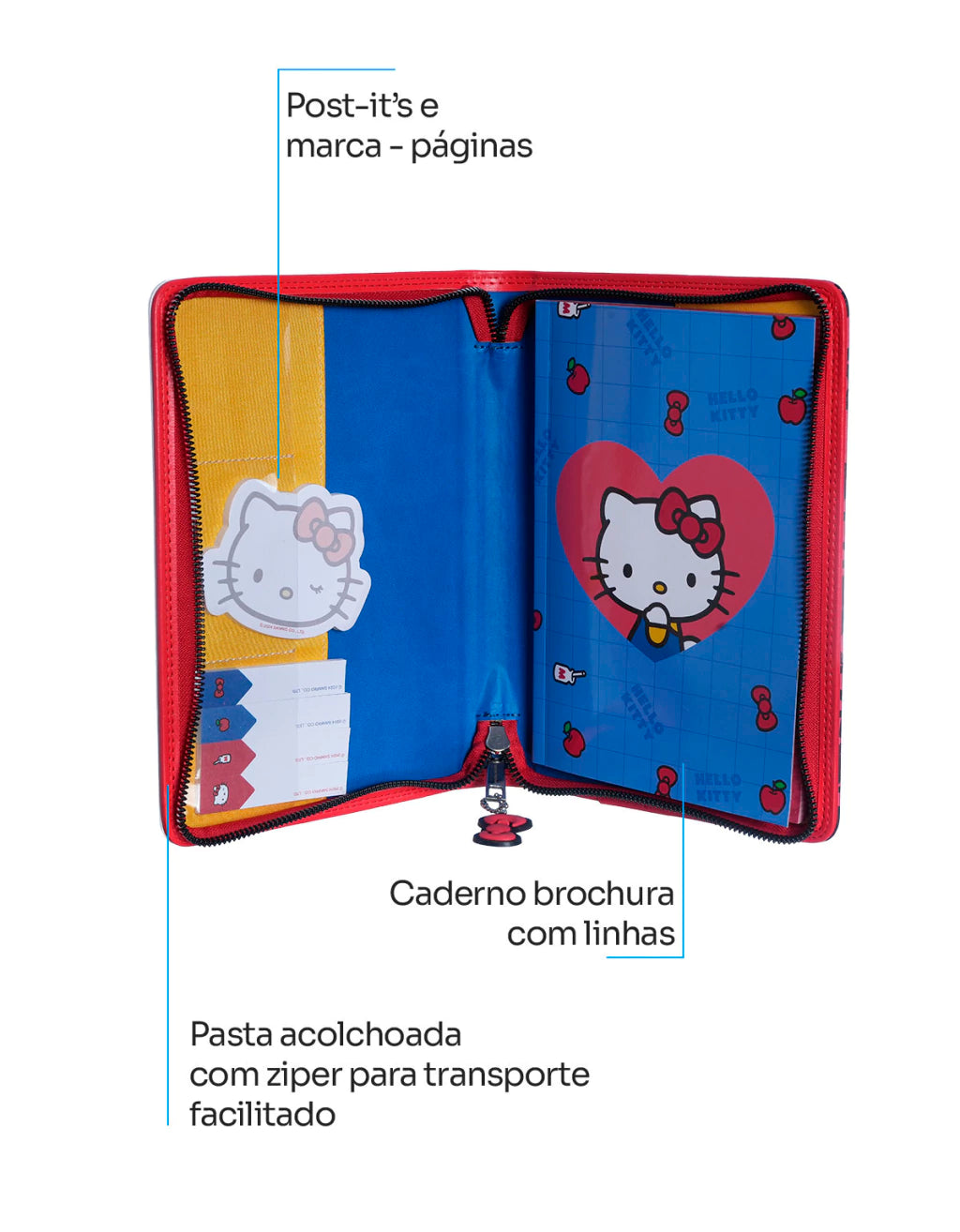 Caderno com Pasta Hello Kitty – 40 Folhas 21 x 41 cm