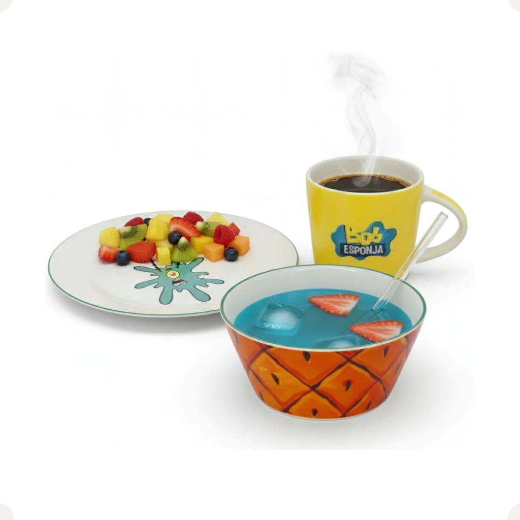 Conjunto Breakfast Bob Esponja em Cerâmica com Caneca, Bowl e Prato