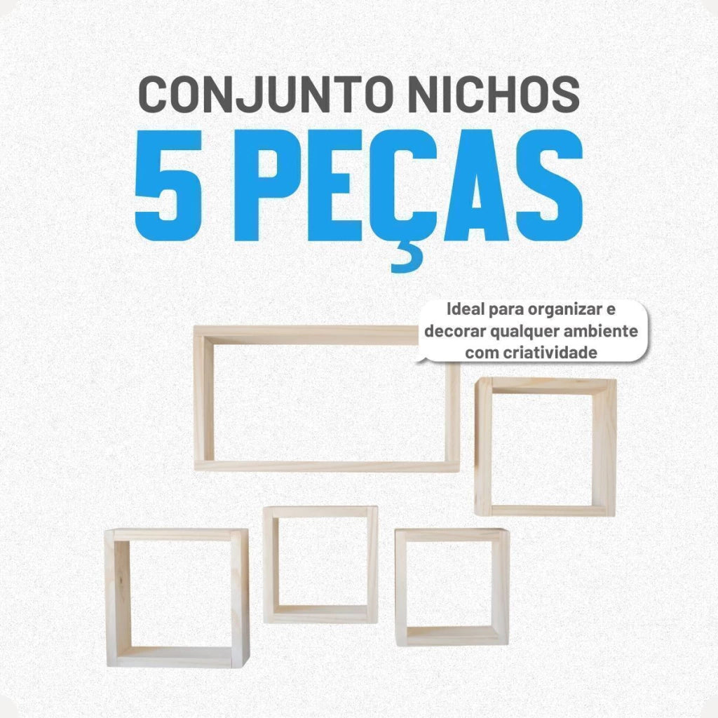 Conjunto de Nichos Decorativos em Madeira Pinus – 5 Peças