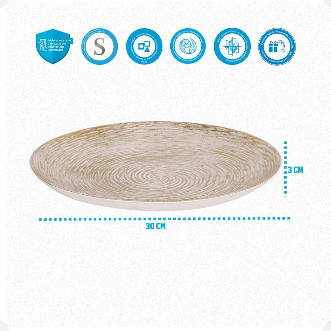 Kit Centro de Mesa Redondo 30cm + Folha Curva 24,5cm Zein Branco Dourado