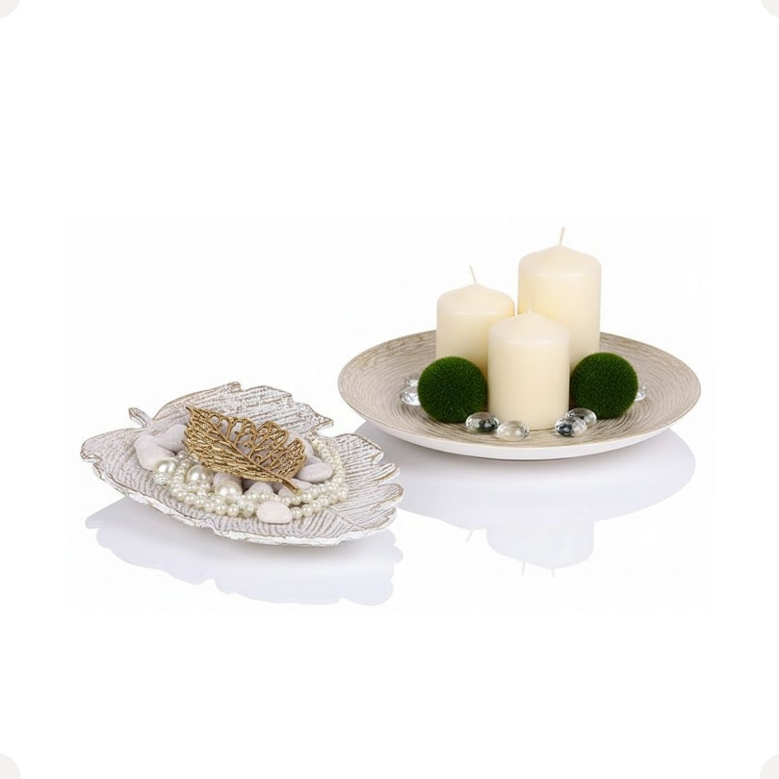Kit Centro de Mesa Redondo 30cm + Folha Curva 24,5cm Zein Branco Dourado