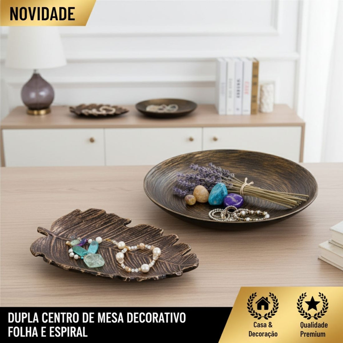 Kit Centro de Mesa Redondo 30cm + Folha Curva 24,5cm Zein Marrom Envelhecido