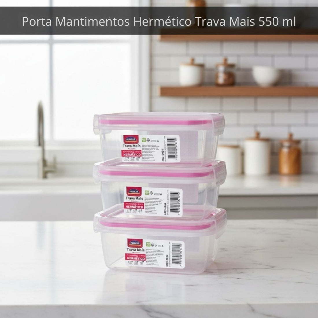 Kit Pote Plástico Hermético Trava Mais 3 peças 550ml Rosa