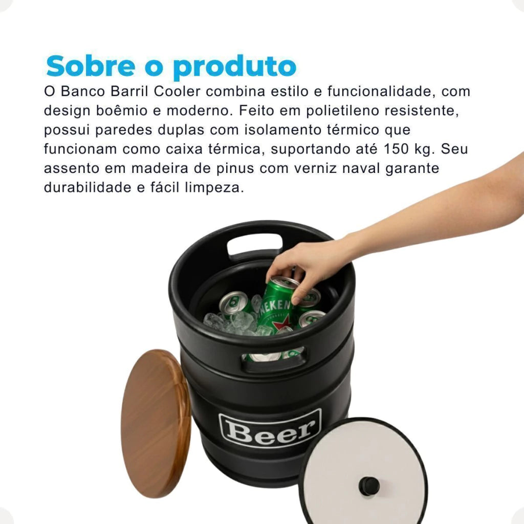 Barril Cooler Banco Preto com Tampa Marrom