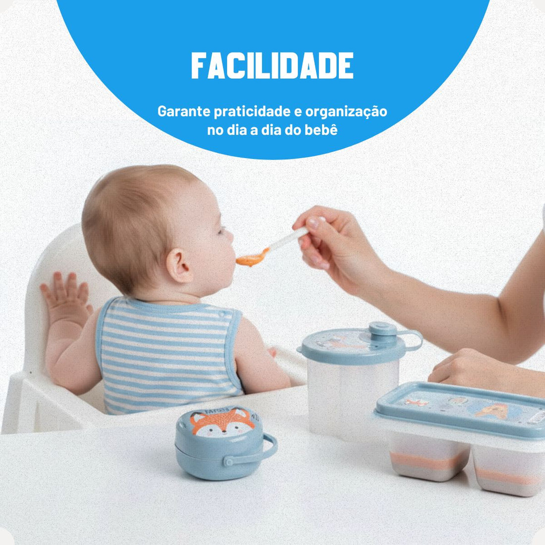 Kit Dosador de Leite em Pó 3 Compartimentos 300ml com Porta Chupeta com Alça e Porta Papinha Duplo com Encaixe 70ml Azul