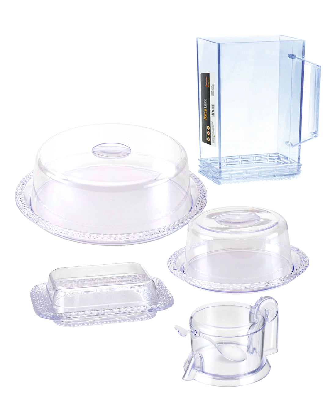 Kit Porta Bolo Trança 26cm com Porta queijo, Porta Leite, Manteigueira e Açucareiro Acrílico 5 Peças