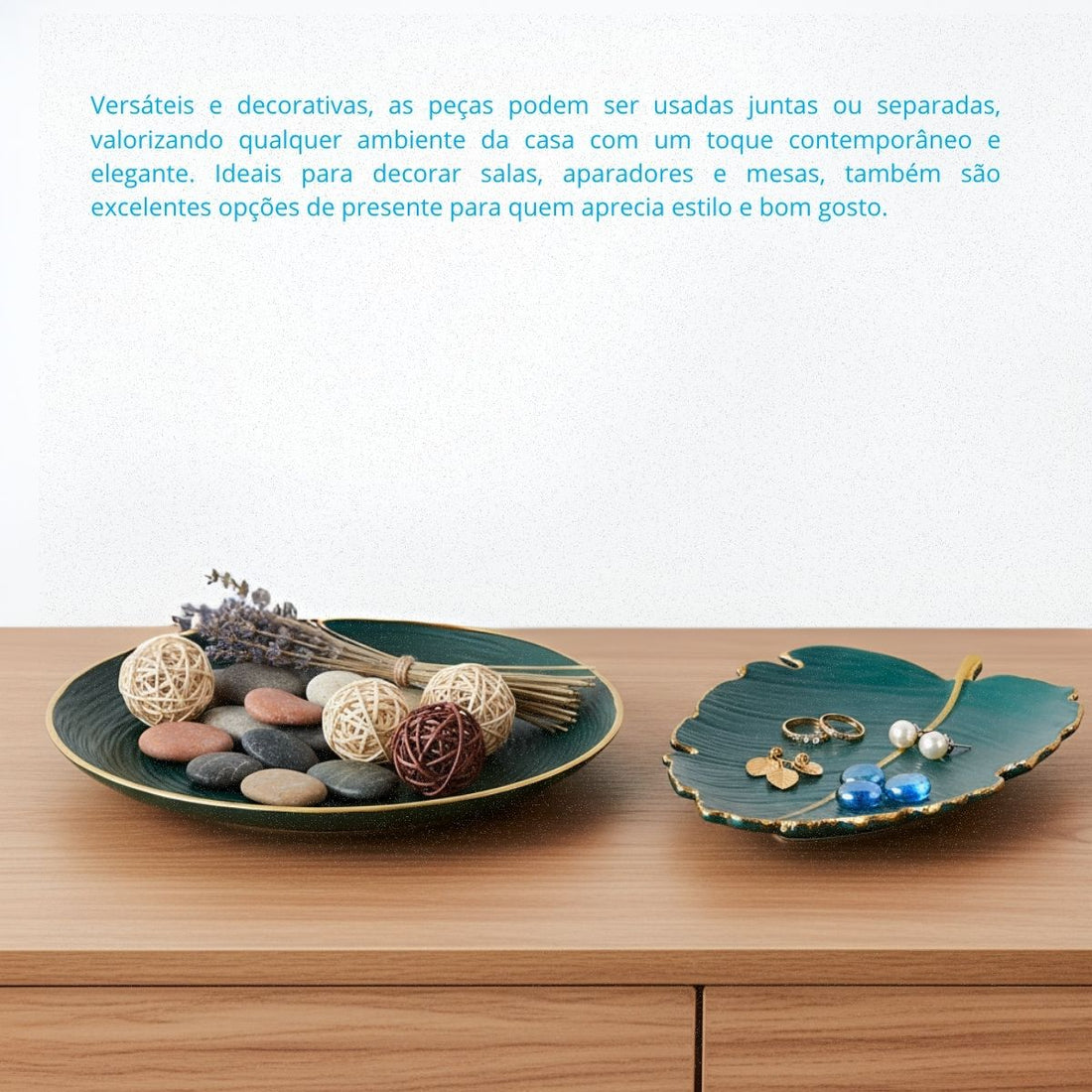 Kit Centro de Mesa Redondo 30cm + Folha Curva 24,5cm Zein Verde Dourado