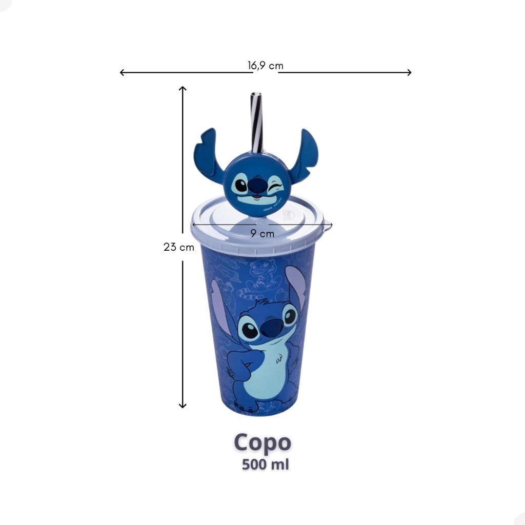 Copo Stitch Disney Infantil com Tampa e Canudo – 500 ml