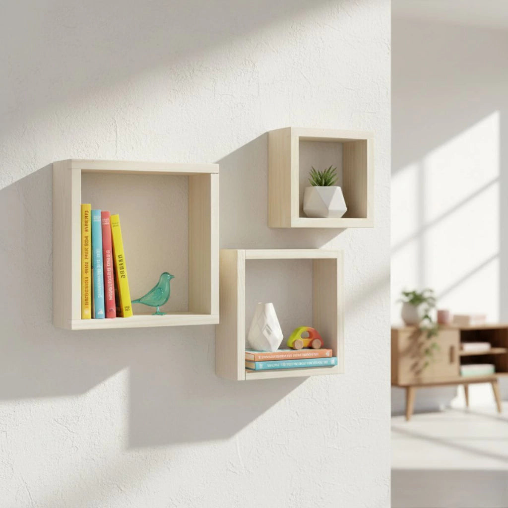 Conjunto de Nichos Decorativos Quadrados em Madeira Pinus – 3 Peças