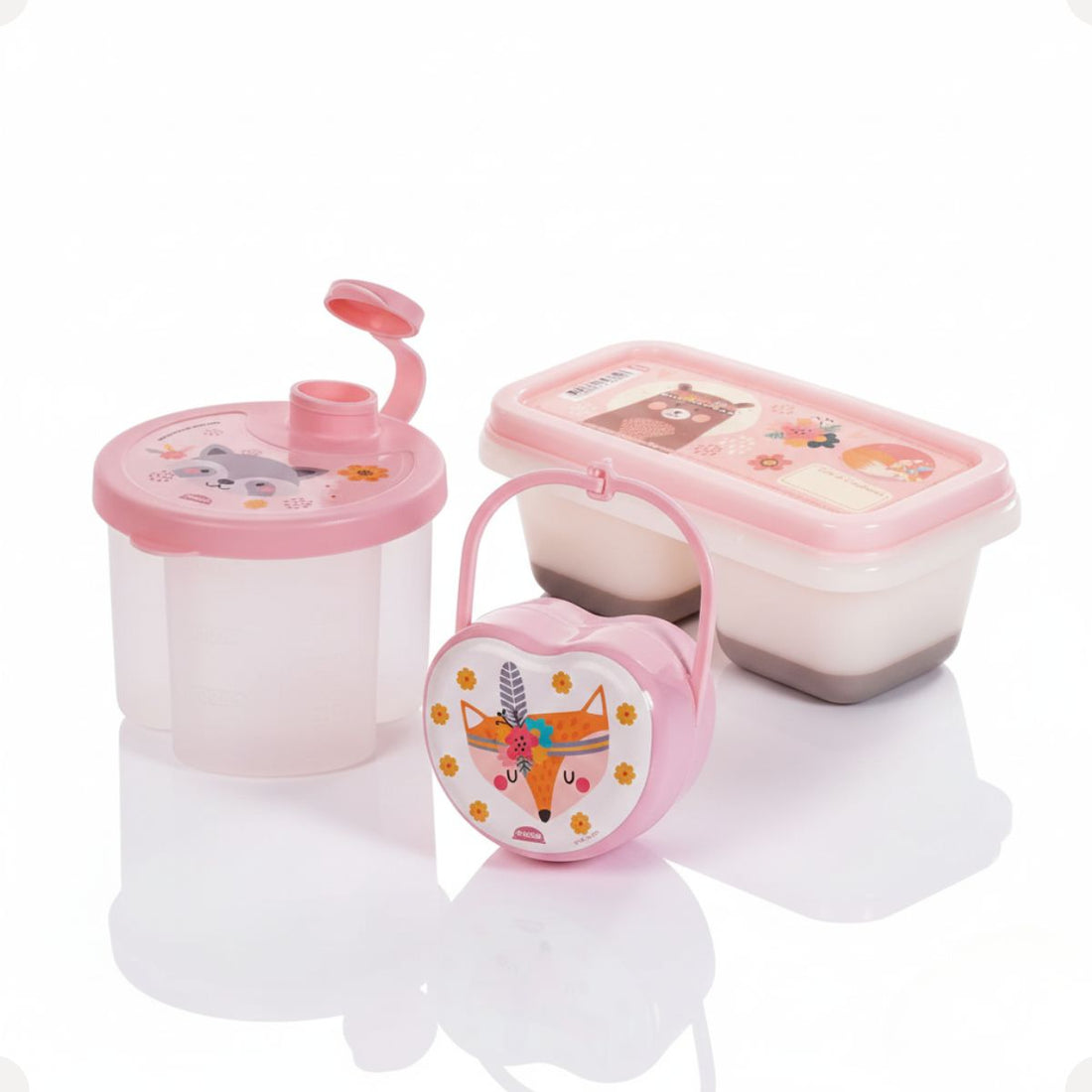 Kit Dosador de Leite em Pó 3 Compartimentos 300ml com Porta Chupeta com Alça e Porta Papinha Duplo com Encaixe 70ml Rosa