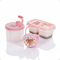 Kit Dosador de Leite em Pó 3 Compartimentos 300ml com Porta Chupeta com Alça e Porta Papinha Duplo com Encaixe 70ml Rosa