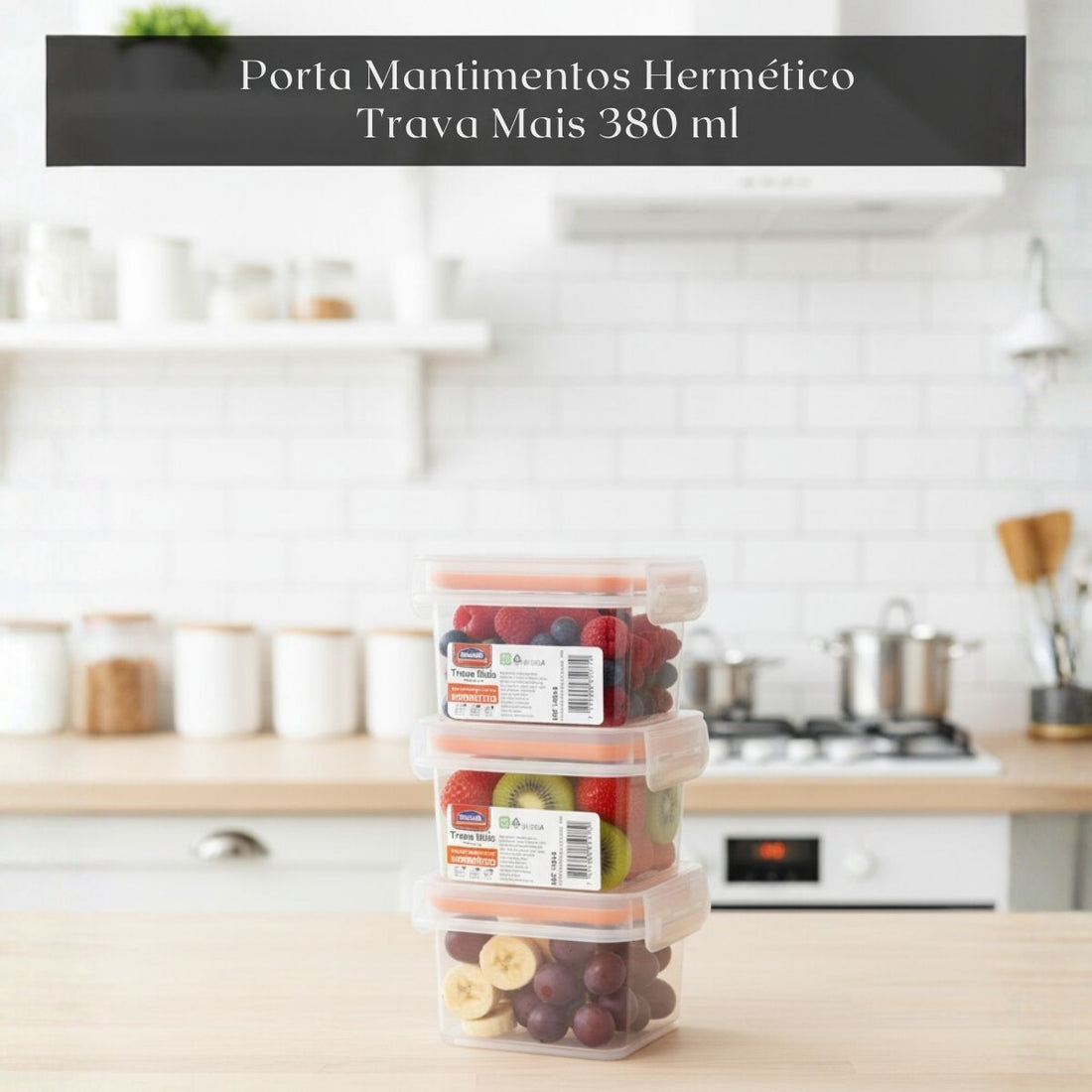 Kit Pote Plástico Hermético Trava Mais 3 Peças 380ml Laranja