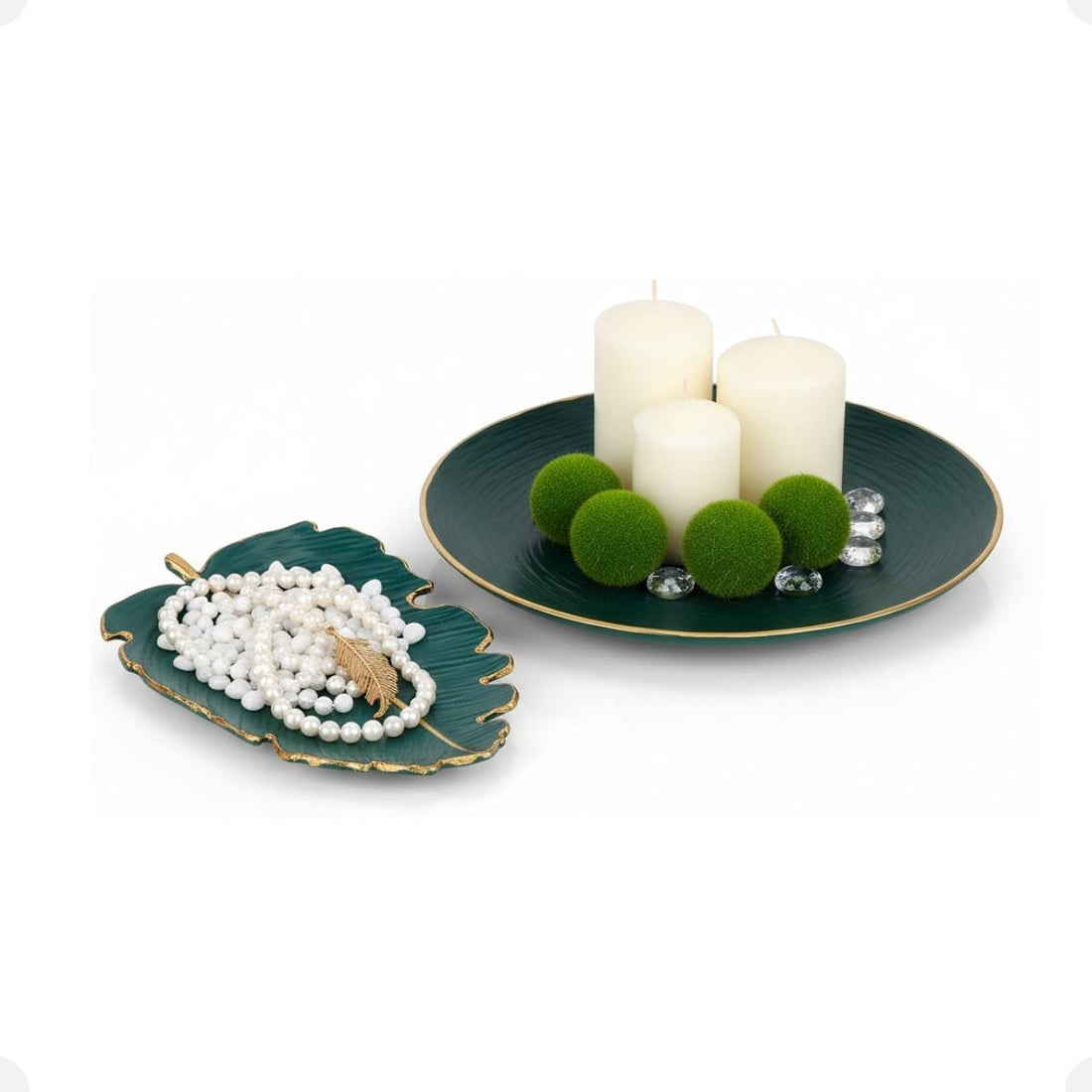 Kit Centro de Mesa Redondo 30cm + Folha Curva 24,5cm Zein Verde Dourado