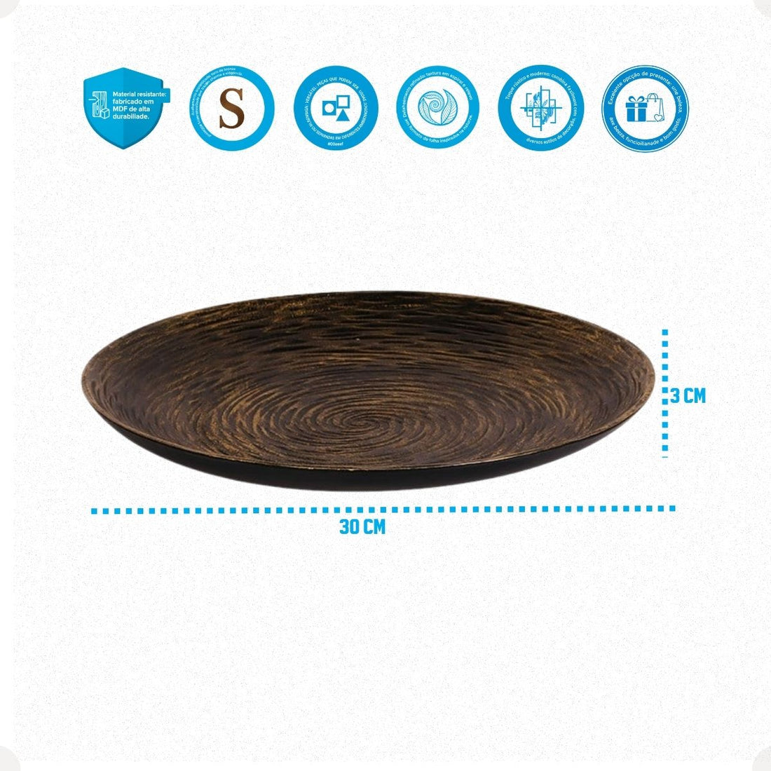 Kit Centro de Mesa Redondo 30cm + Folha Curva 24,5cm Zein Marrom Envelhecido