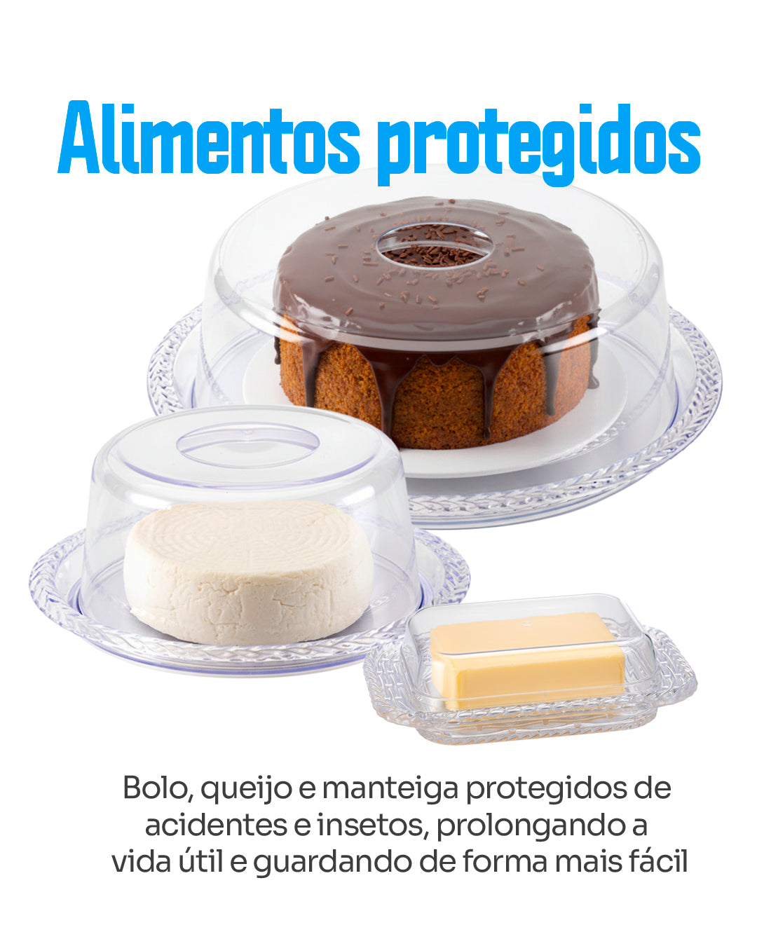 Kit Porta Bolo Trança 26cm com Porta queijo, Porta Leite, Manteigueira e Açucareiro Acrílico 5 Peças