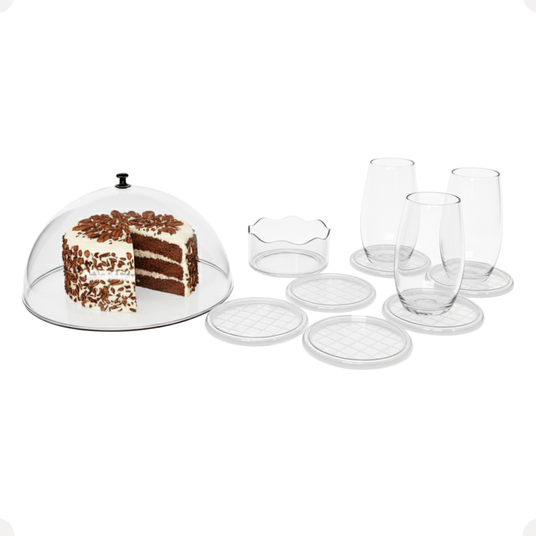 Kit Cúpula Redonda Média 23cm Cristal + Conjunto Porta Copos Cristal com 7 Peças