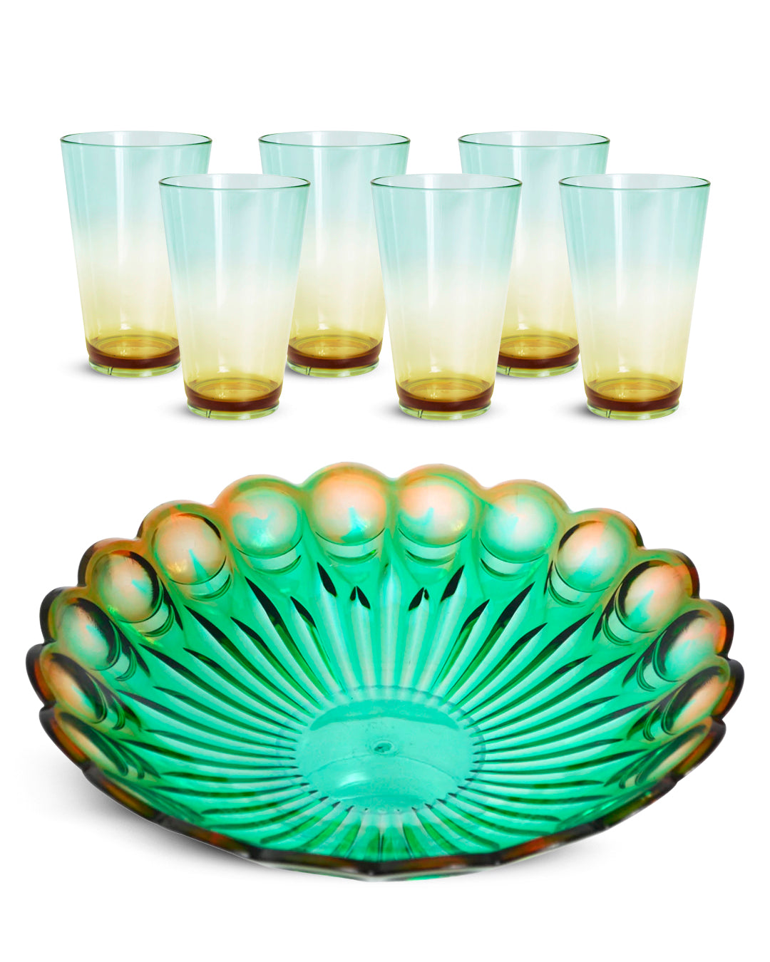 Kit Centro de Mesa Esferas com 6 Copos Taiti Bicolor Verde Ambar