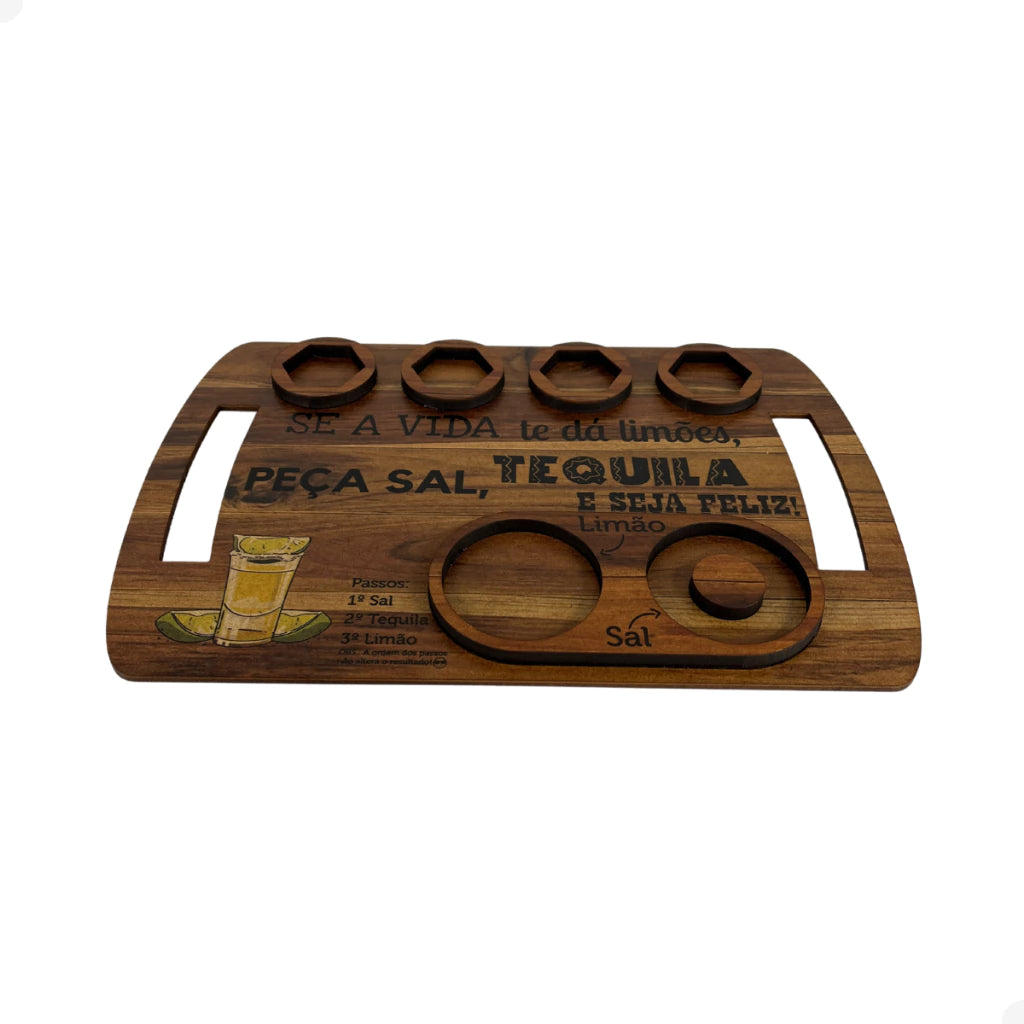 Kit Tábua de Shot em Madeira para Tequila com 4 Copos, Sal e Limão