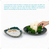 Kit Centro de Mesa Redondo 30cm + Folha Curva 24,5cm Zein Verde Dourado