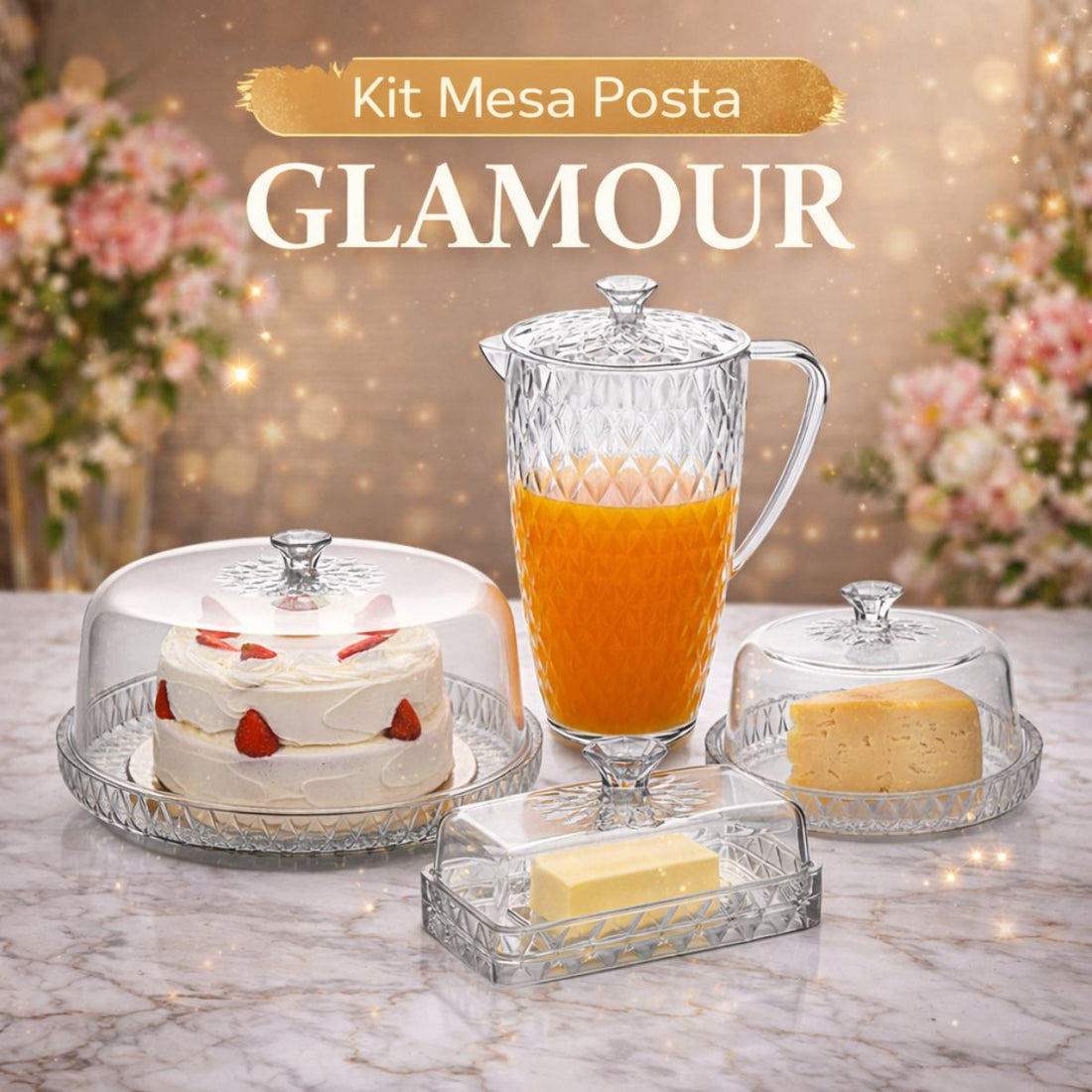Kit Glamour Jarra 2L + Queijeira + Mantegueira + Boleira Baixa