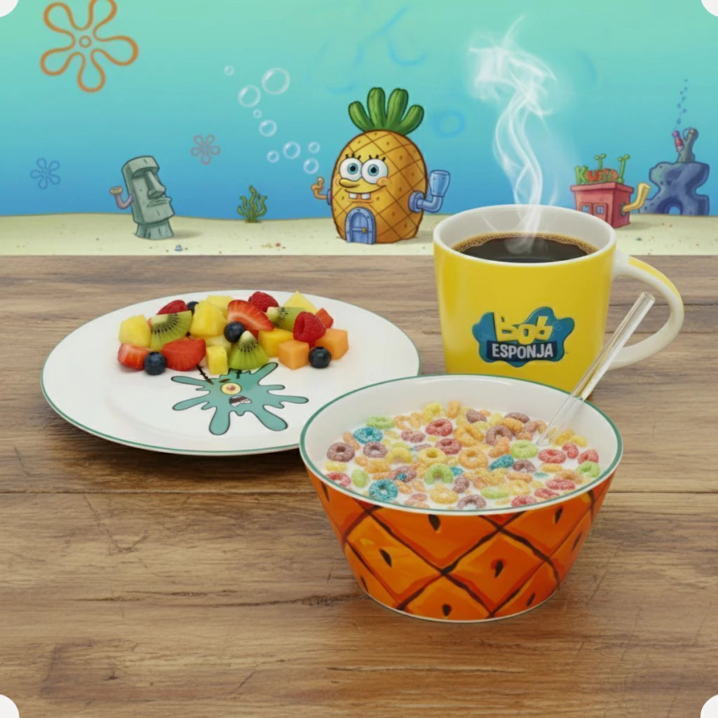 Conjunto Breakfast Bob Esponja em Cerâmica com Caneca, Bowl e Prato