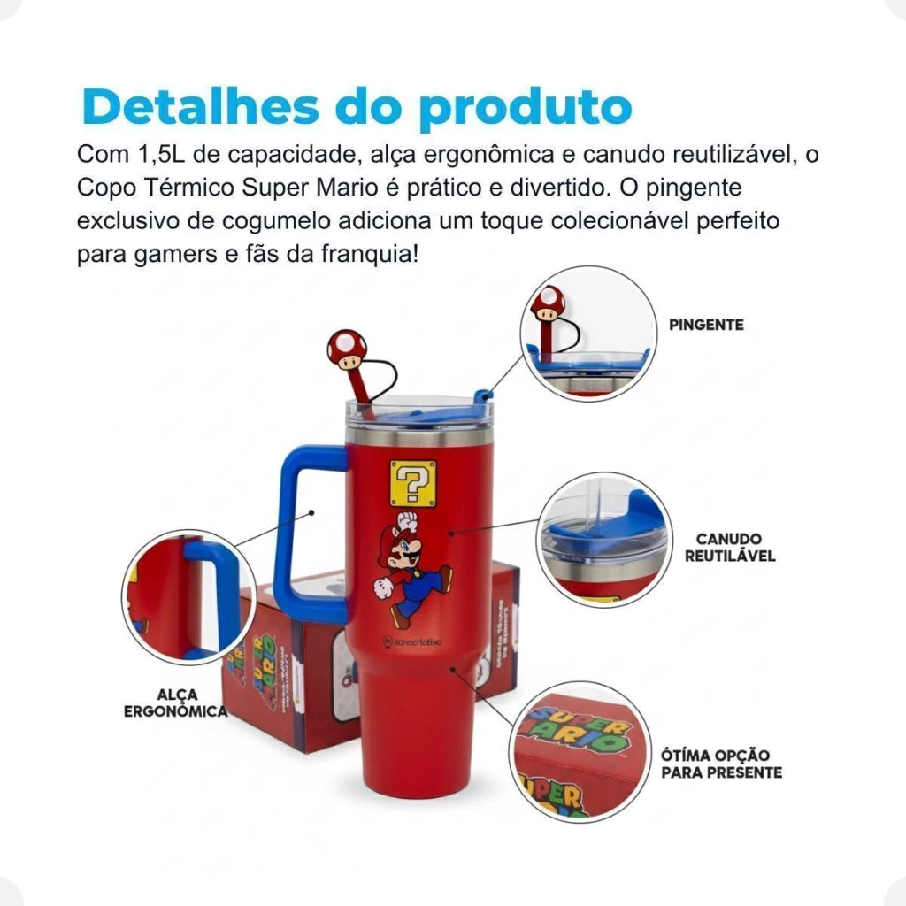Canecão Térmico Tumbler Super Mario com Pingente – 1,15 L