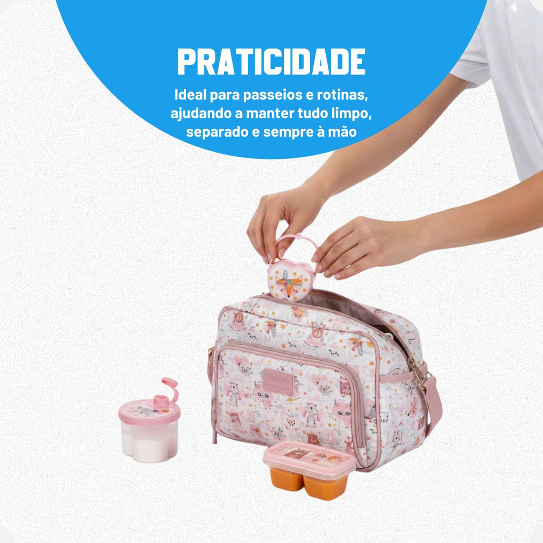 Kit Dosador de Leite em Pó 3 Compartimentos 300ml com Porta Chupeta com Alça e Porta Papinha Duplo com Encaixe 70ml Rosa
