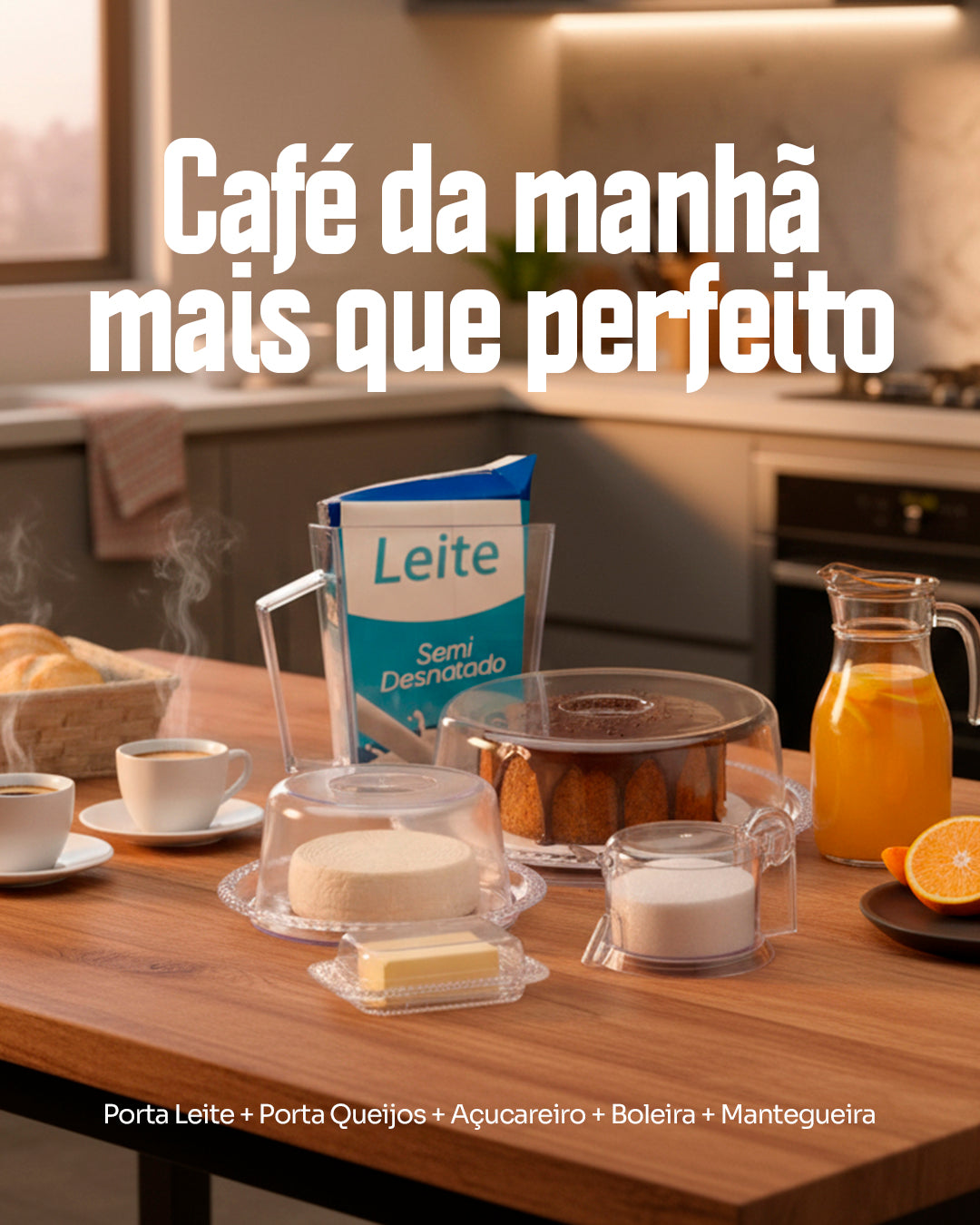 Kit Porta Bolo Trança 26cm com Porta queijo, Porta Leite, Manteigueira e Açucareiro Acrílico 5 Peças