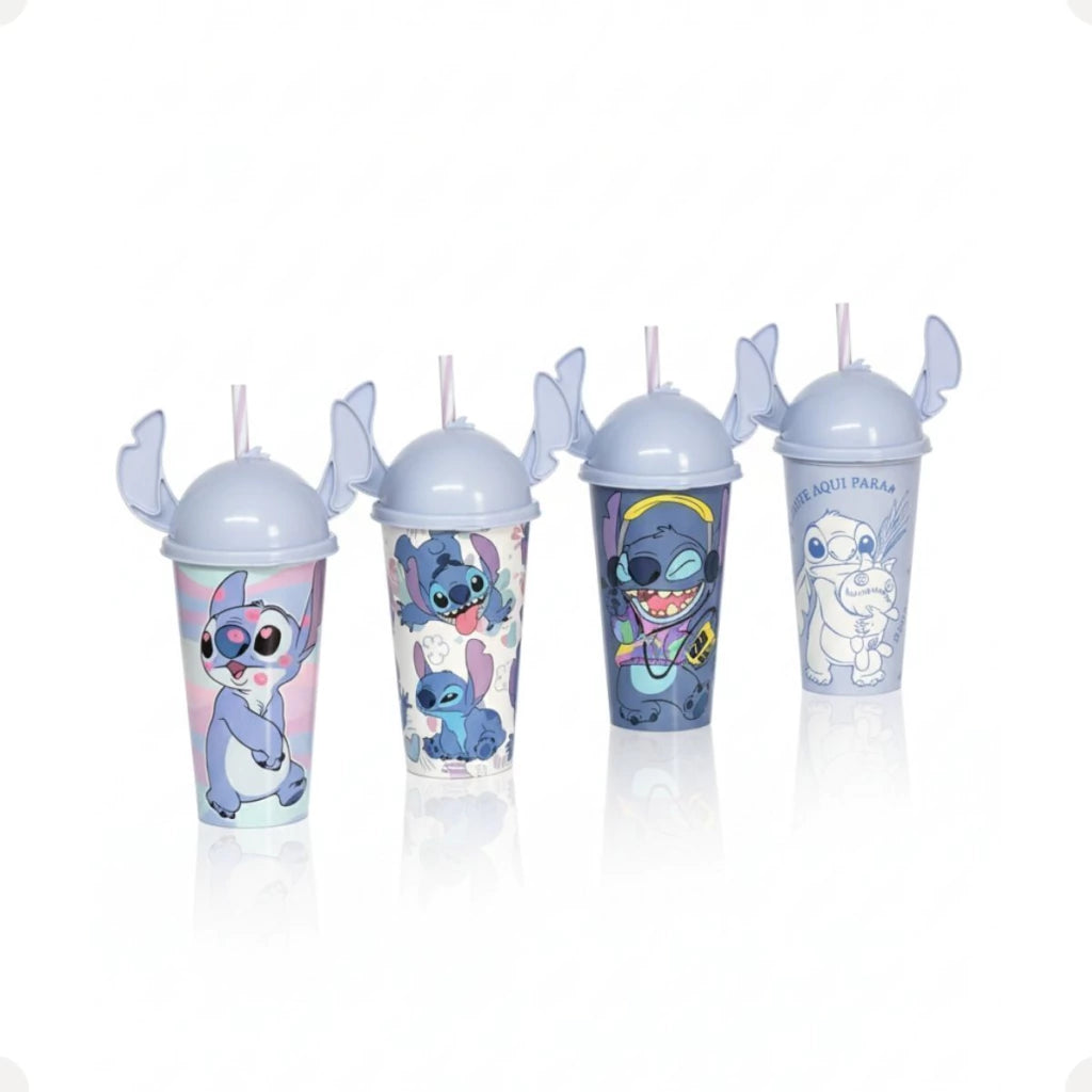 Copo Plástico Stitch com Tampa e Canudo – 500 ml (Sortido)
