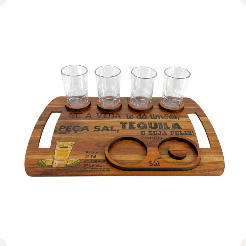 Tábua de Shot para Tequila em MDF com 4 Copos, Sal e Limão