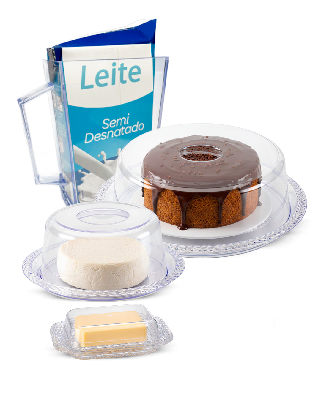 Kit Porta Bolo Trança 26cm com Porta queijo, Porta Leite e Manteigueira Acrílico 4 Peças