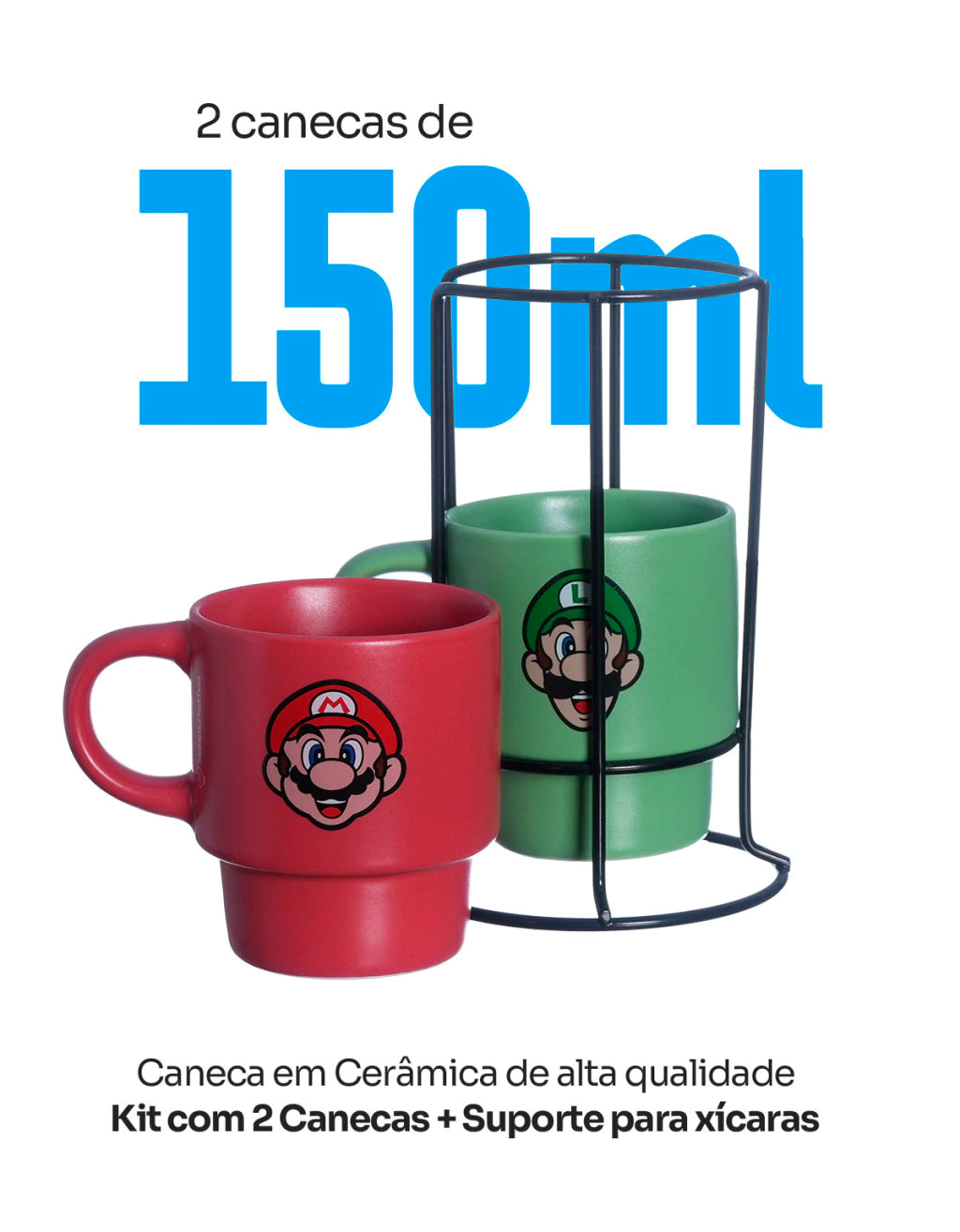 Conjunto com 2 Canecas Empilháveis Super Mario com Suporte – 150 ml