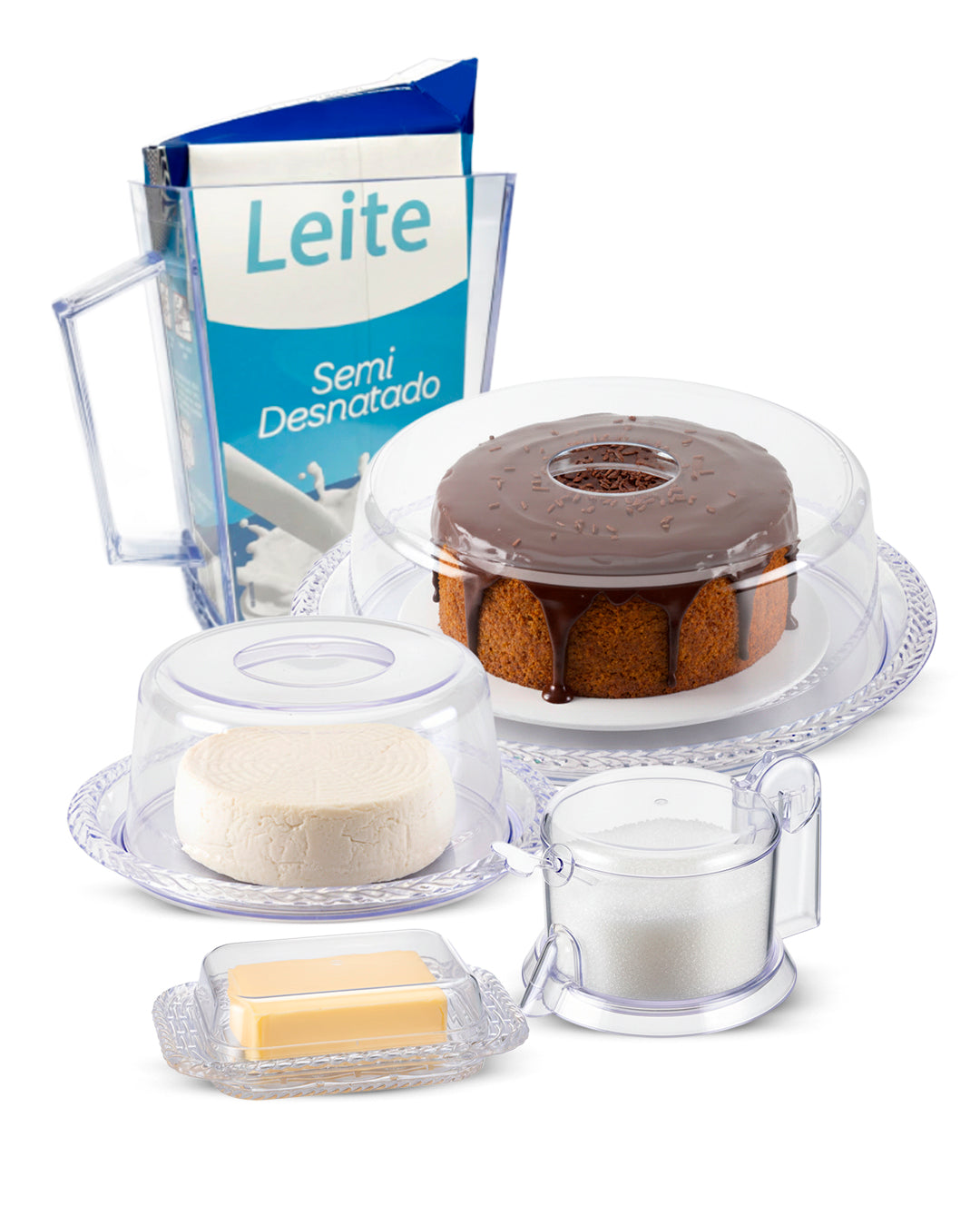 Kit Porta Bolo Trança 26cm com Porta queijo, Porta Leite, Manteigueira e Açucareiro Acrílico 5 Peças