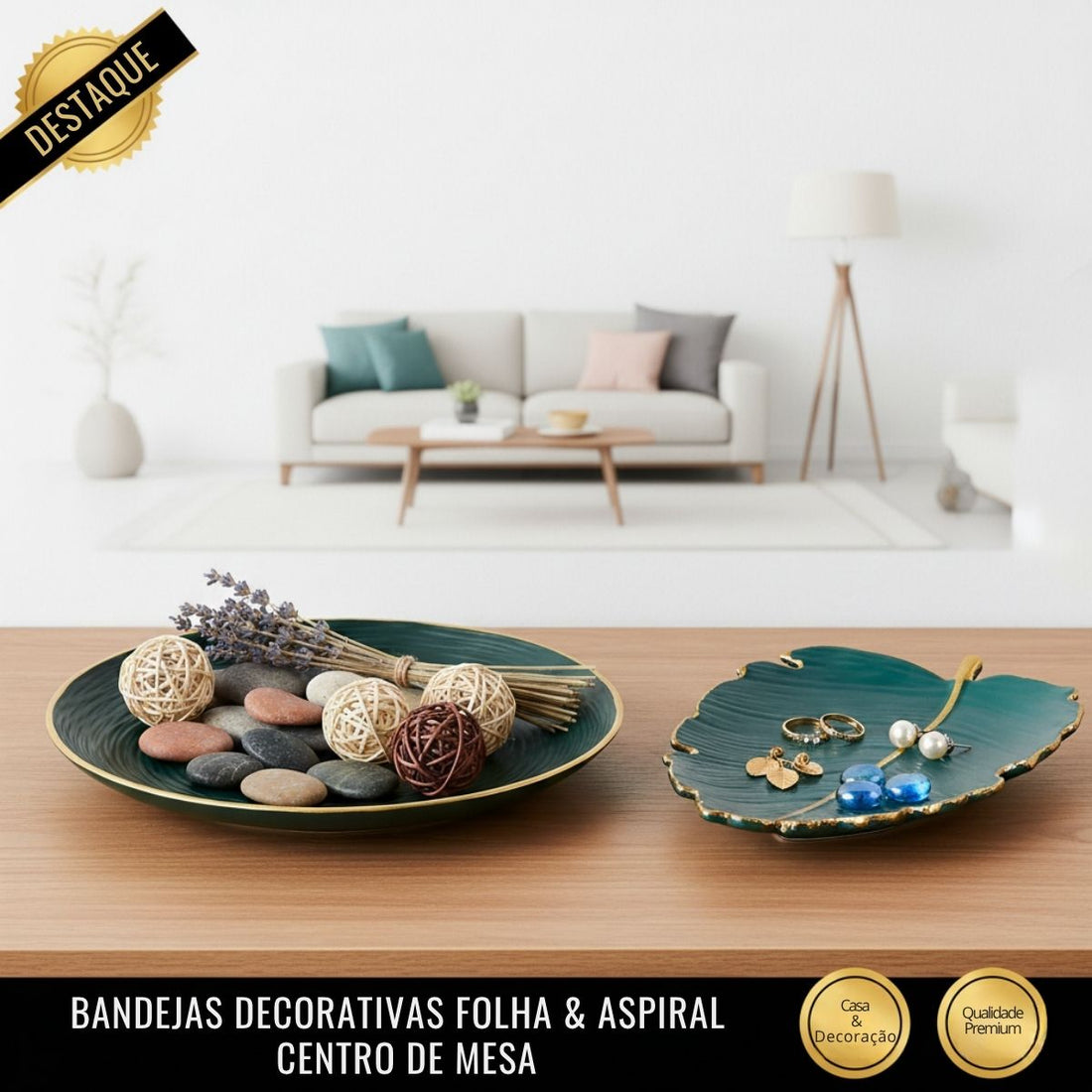 Kit Centro de Mesa Redondo 30cm + Folha Curva 24,5cm Zein Verde Dourado